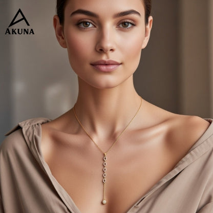 Gold Lariat Drop Necklace – Circle Link Chain with Stone Charm