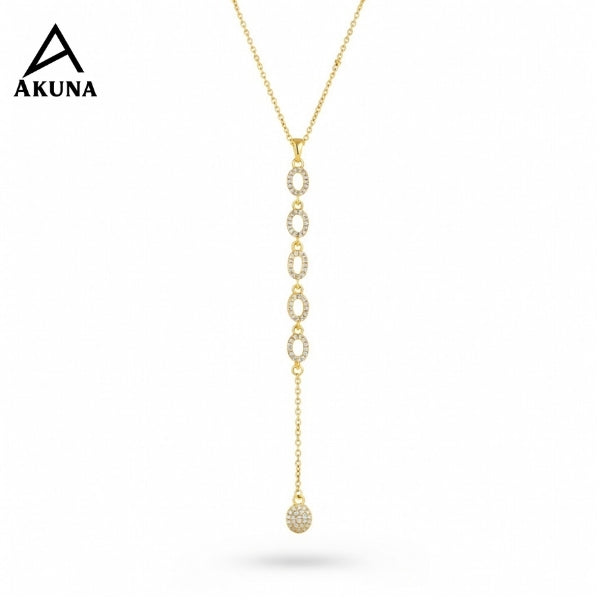 Gold Lariat Drop Necklace – Circle Link Chain with Stone Charm