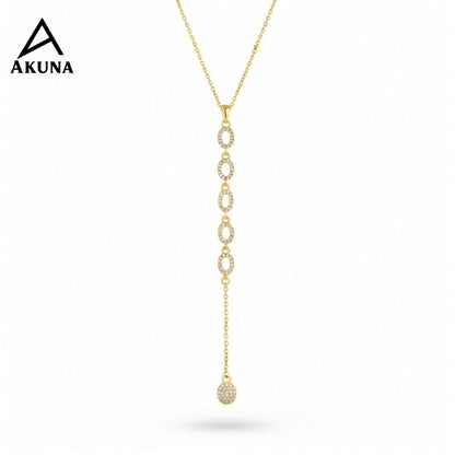 Gold Lariat Drop Necklace – Circle Link Chain with Stone Charm