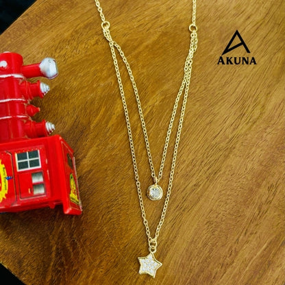 Akuna Gold-Plated 2-Layer Necklace | Star Diamond Center, Circle Diamond Embellishment, 18" Adjustable