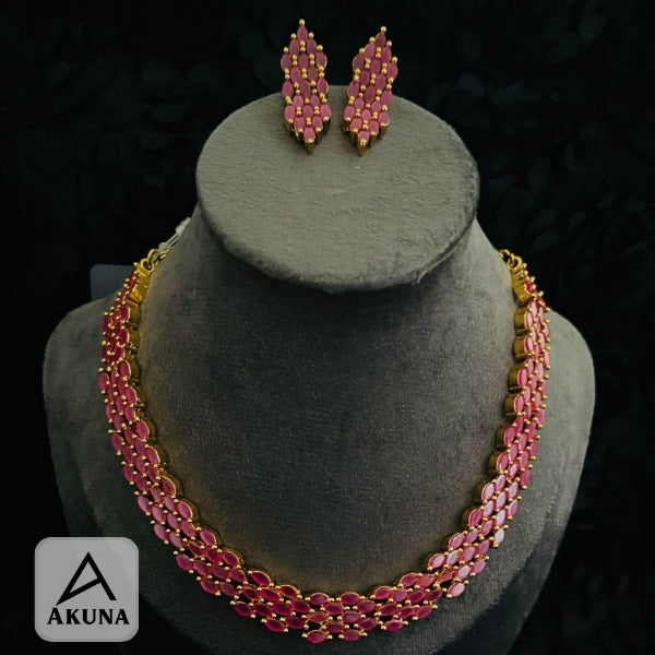 South Indian Style Ruby Stone Necklace and Earring Set - AKUNA