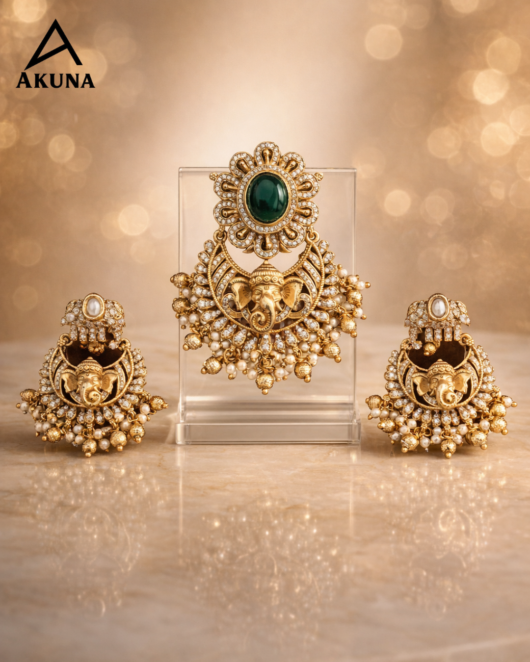 AKUNA Divine Ganesha Temple Pendant Set with Earrings | Premium Gold Plated Traditional CZ Jewellery for Women