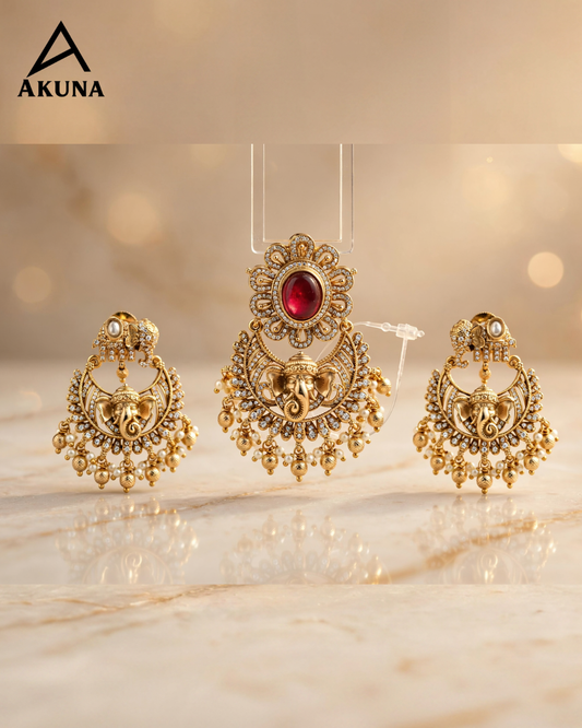 AKUNA Divine Ganesha Temple Pendant Set with Earrings | Premium Gold Plated Traditional CZ Jewellery for Women