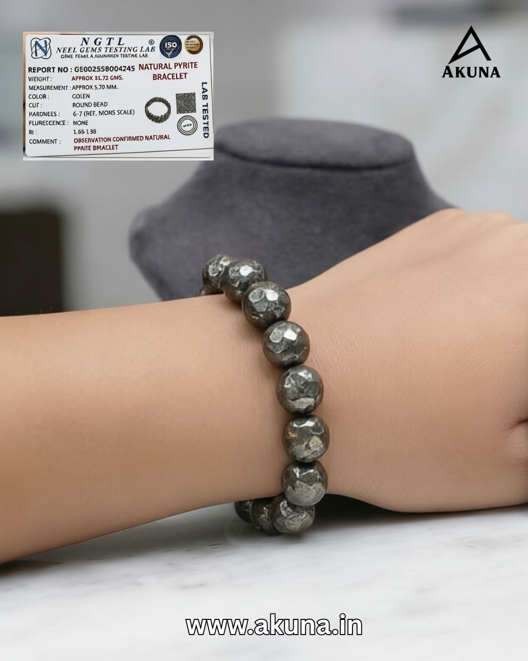 Akuna Original Natural Pyrite Bracelet for Wealth & Prosperity | Certified Money Magnet Crystal Bracelet for Men & Women