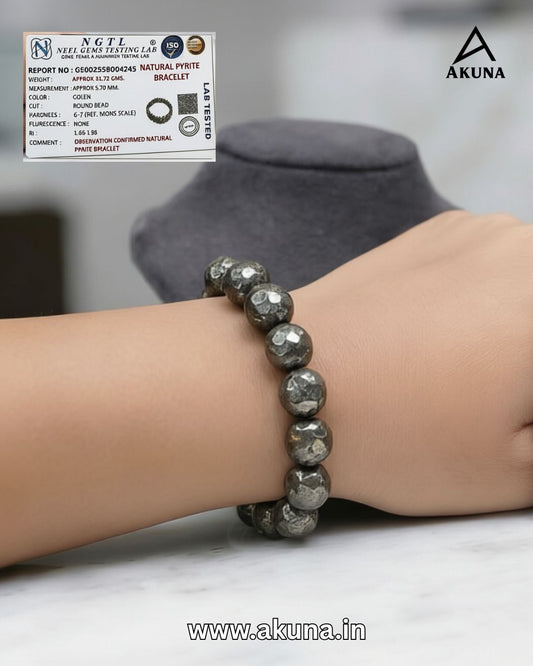 Akuna Original Natural Pyrite Bracelet for Wealth & Prosperity | Certified Money Magnet Crystal Bracelet for Men & Women