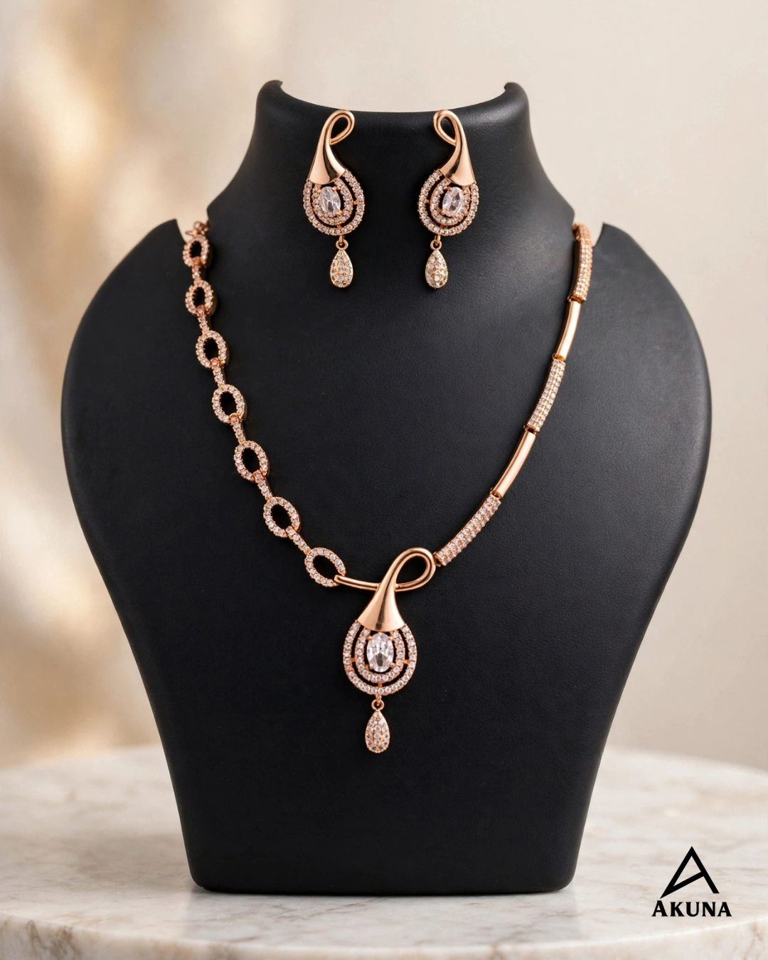 Akuna 18kt Rose Gold Plated American Diamond Necklace Set with Matching Drop Earrings