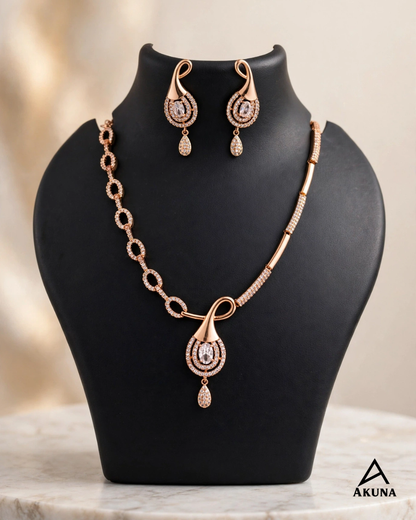 Akuna 18kt Rose Gold Plated American Diamond Necklace Set with Matching Drop Earrings