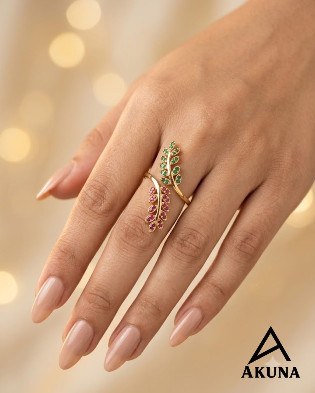 AKUNA Enchanted Leaf Adjustable Ring – Gold Plated Pink CZ Statement Ring for Women