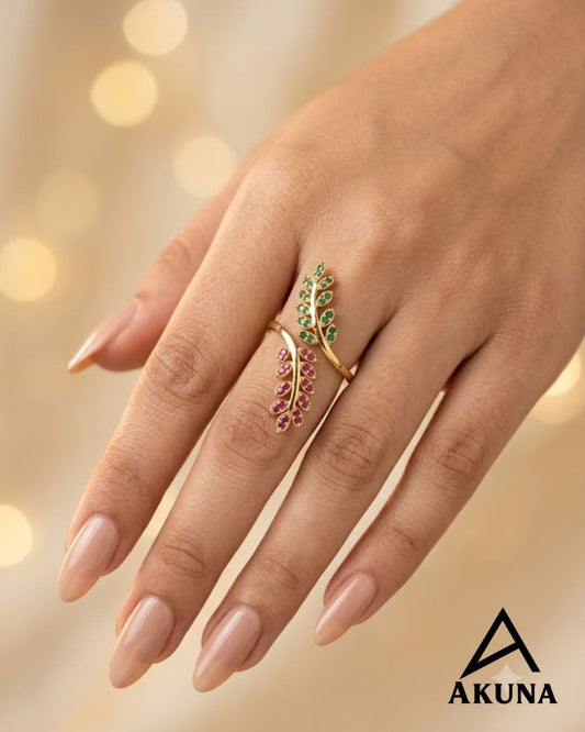 AKUNA Enchanted Leaf Adjustable Ring – Gold Plated Pink CZ Statement Ring for Women