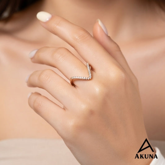 Akuna Rose Gold Fingering Ring — V-Shaped Stainless Steel with Stone Accents