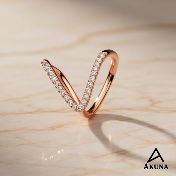 Akuna Rose Gold Fingering Ring — V-Shaped Stainless Steel with Stone Accents