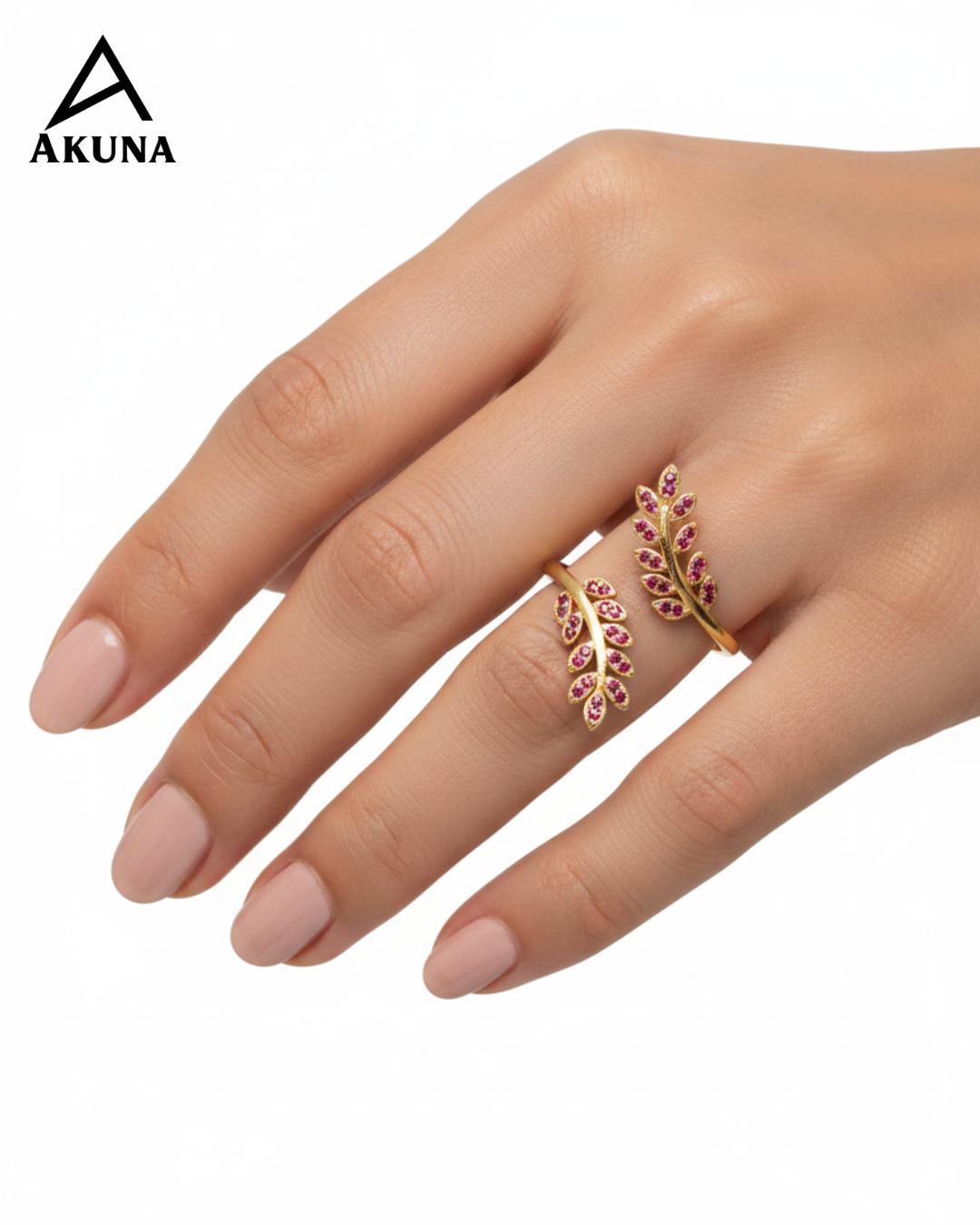 AKUNA Enchanted Leaf Adjustable Ring – Gold Plated Pink CZ Statement Ring for Women