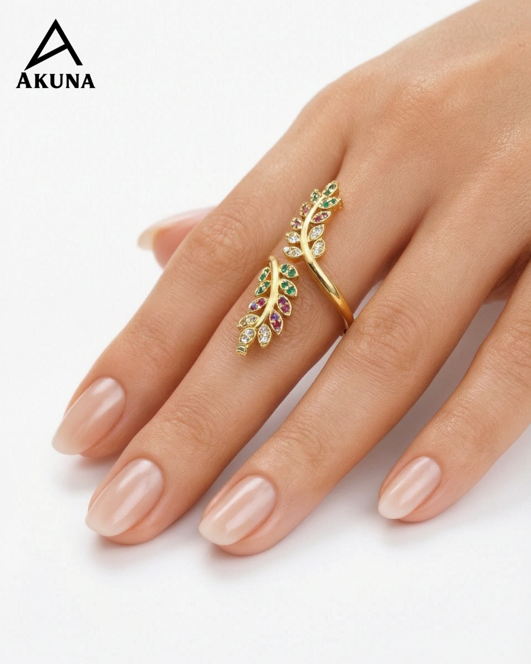 AKUNA Enchanted Leaf Adjustable Ring – Gold Plated Pink CZ Statement Ring for Women