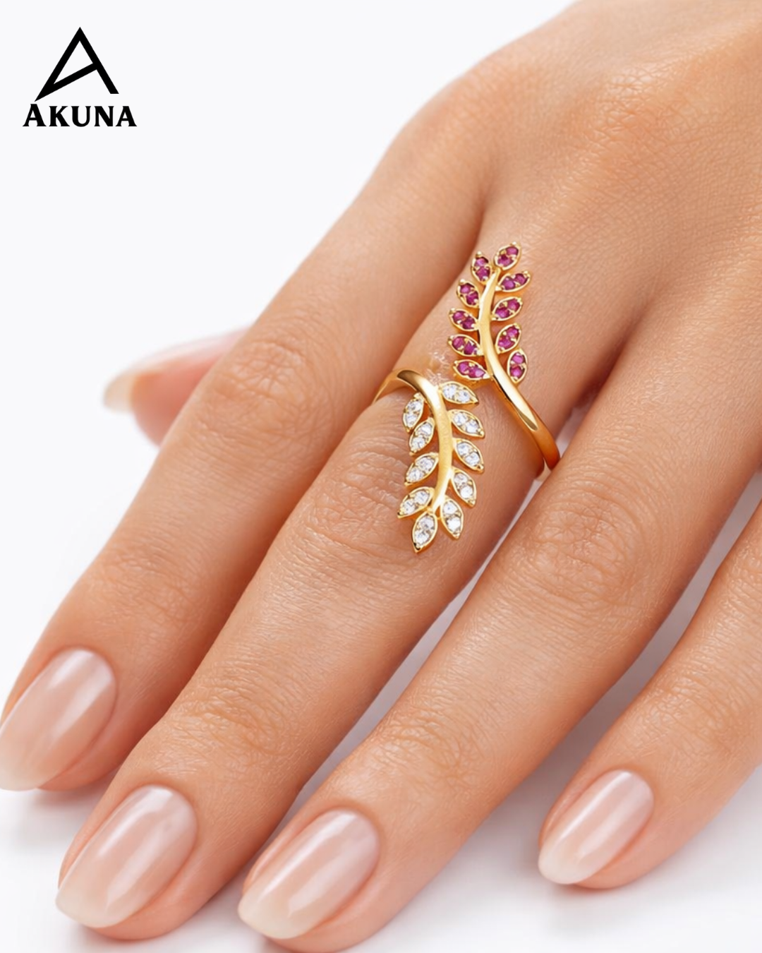 AKUNA Enchanted Leaf Adjustable Ring – Gold Plated Pink CZ Statement Ring for Women