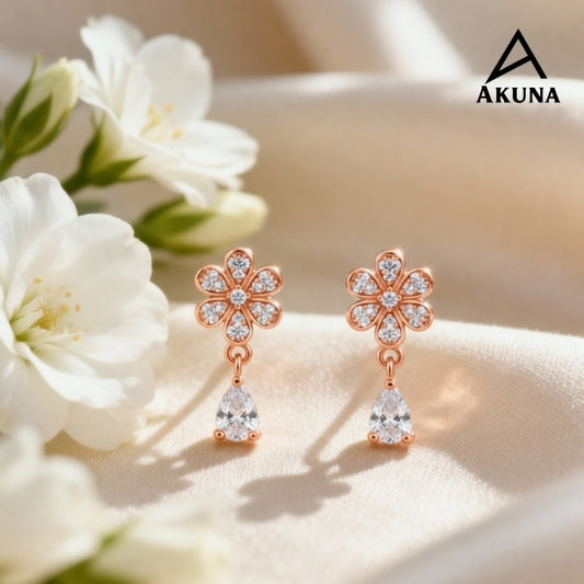 Akuna Rose Gold Flower Earrings with Crystal Teardrop Drops