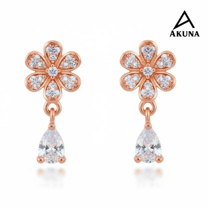 Akuna Rose Gold Flower Earrings with Crystal Teardrop Drops