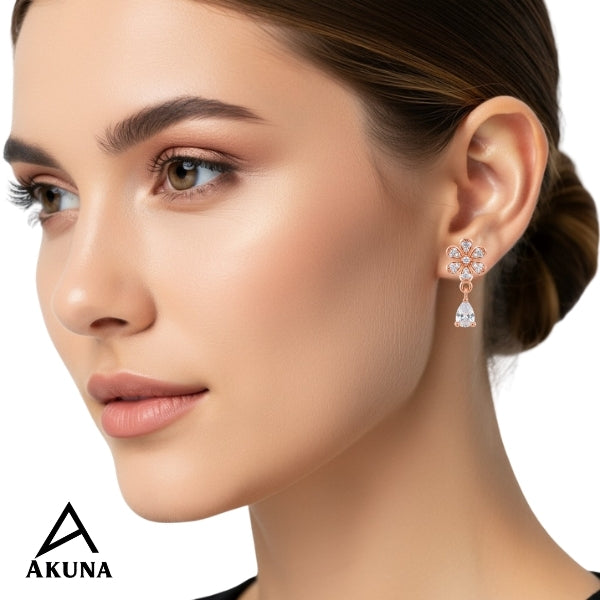 Akuna Rose Gold Flower Earrings with Crystal Teardrop Drops