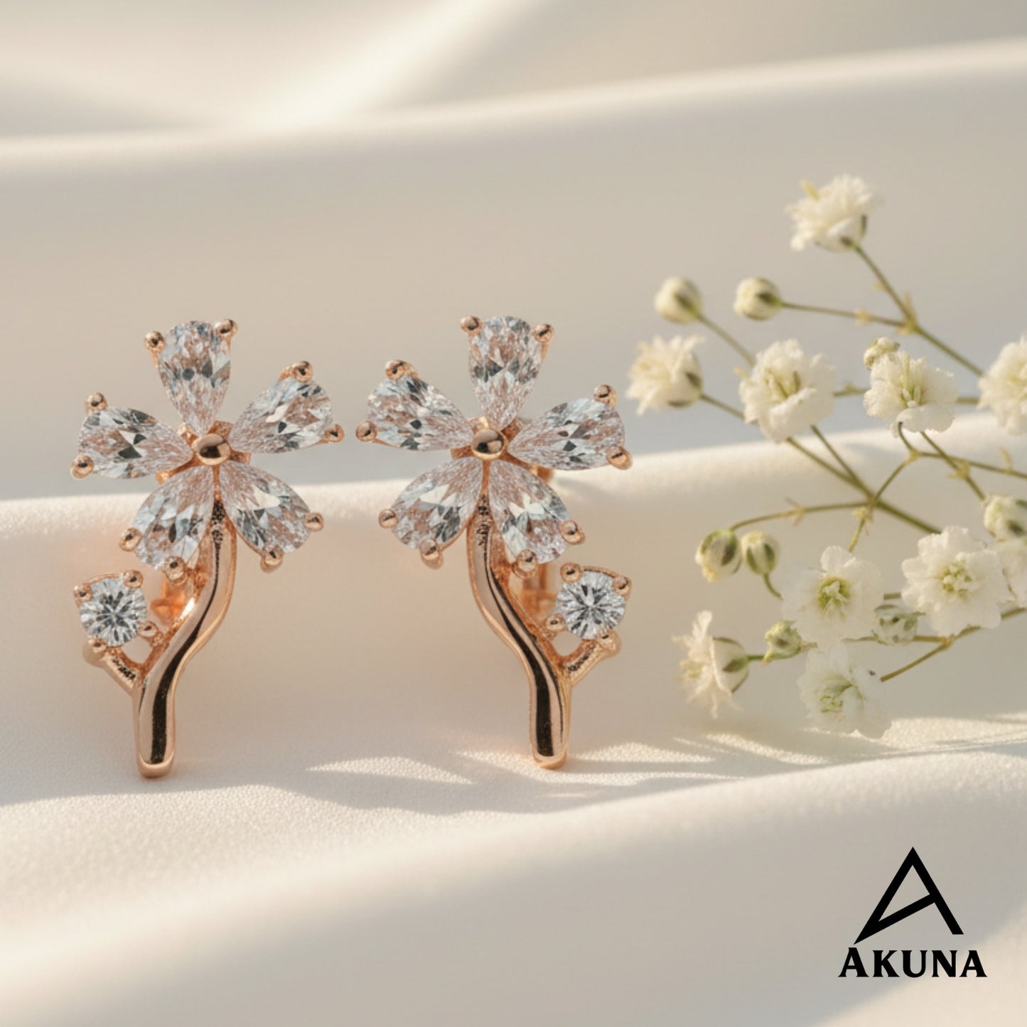AKUNA Rose Gold Flower Earrings with Crystal Petal