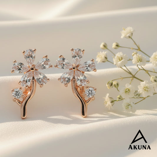 AKUNA Rose Gold Flower Earrings with Crystal Petal