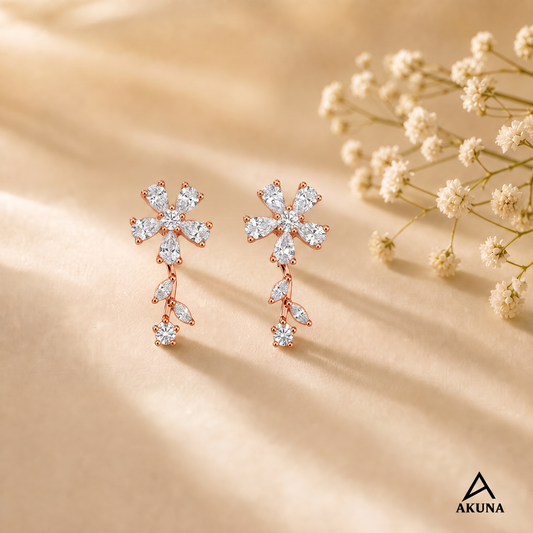 AKUNA Rose Gold Flower Earrings with Crystal Petal