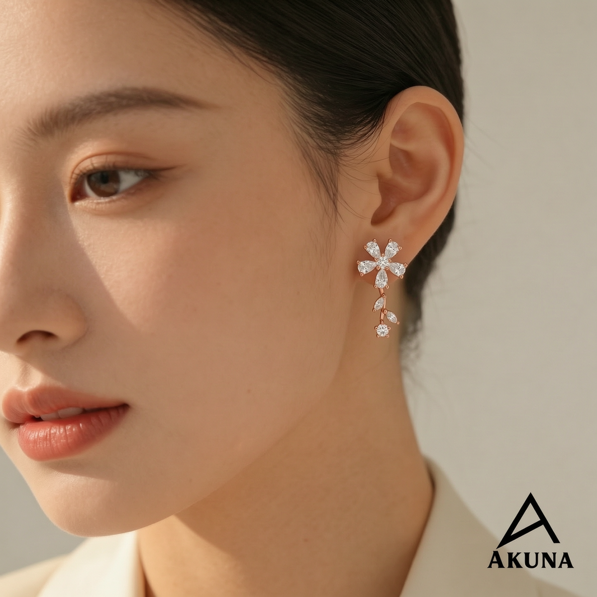 AKUNA Rose Gold Flower Earrings with Crystal Petal