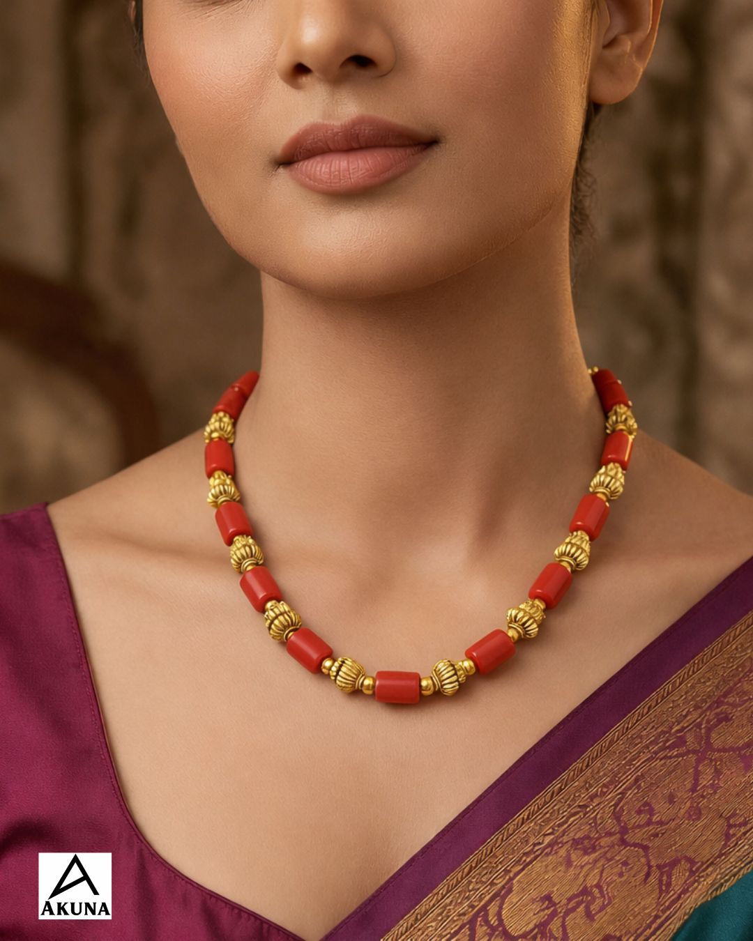 Akuna Premium Coral Mala Necklace for Women | Traditional Red Coral Bead Gold Tone Necklace | Ethnic Temple Jewellery for Saree & Festive Wear