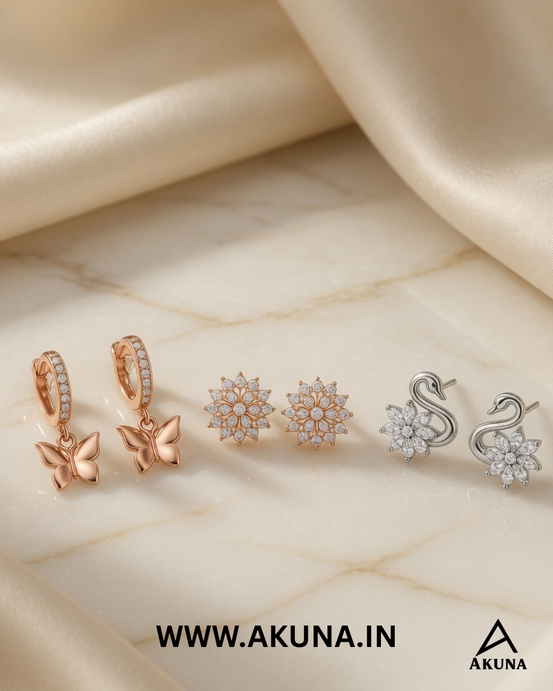 3 Pairs Earring Combo Set for Women – 2 Rose Gold & 1 Silver Stone Earrings | Premium Fashion Jewellery