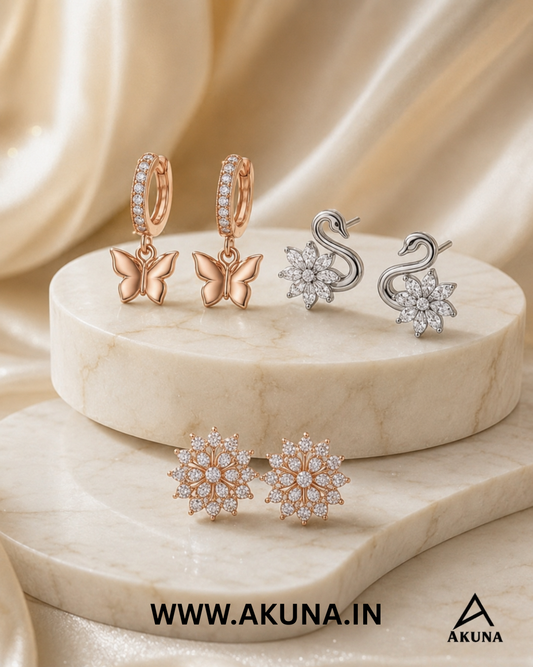 3 Pairs Earring Combo Set for Women – 2 Rose Gold & 1 Silver Stone Earrings | Premium Fashion Jewellery