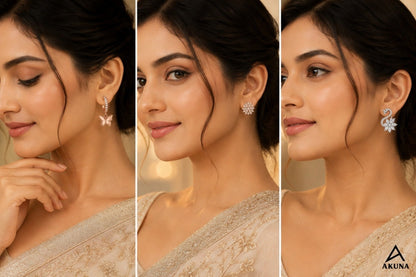 3 Pairs Earring Combo Set for Women – 2 Rose Gold & 1 Silver Stone Earrings | Premium Fashion Jewellery