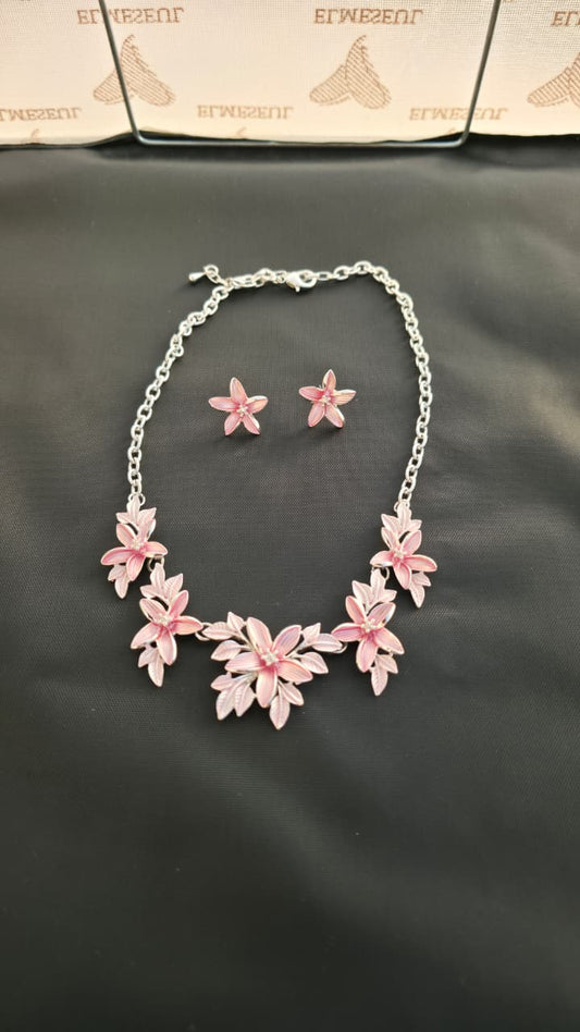 Pink Enamel Flower Necklace & Earrings