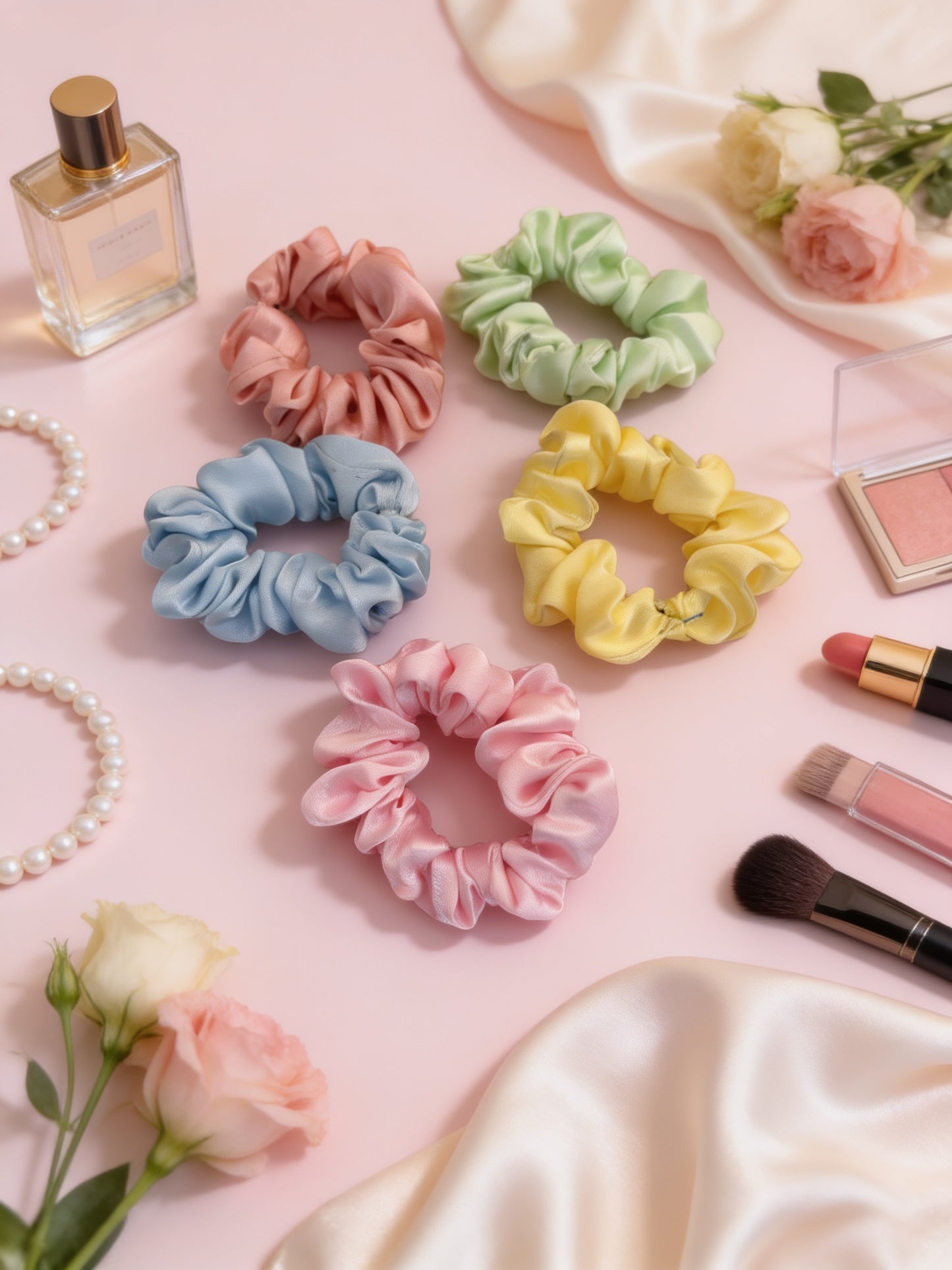 Akuna Fashion Satin Scrunchies Pack of 5 | Cute Pastel Hair Accessories
