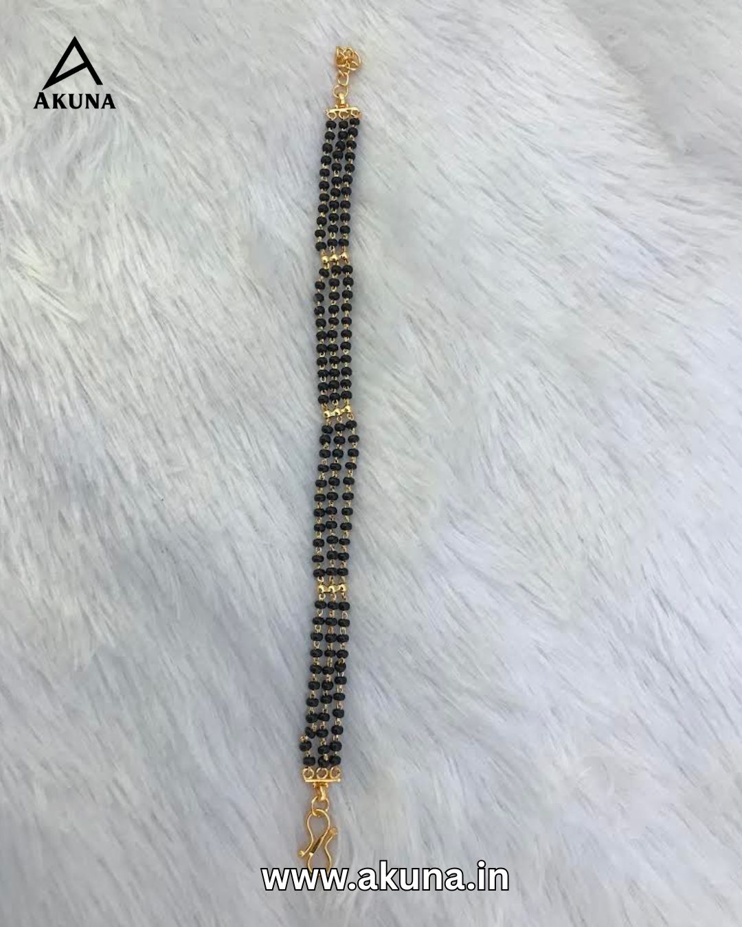 AKUNA Premium 3-Line Karimani Bracelet for Women – Triple Layer Black Bead Bracelet with Gold Bead Accents | Adjustable Traditional South Indian Ethnic Jewellery | Anti-Tarnish Daily Wear