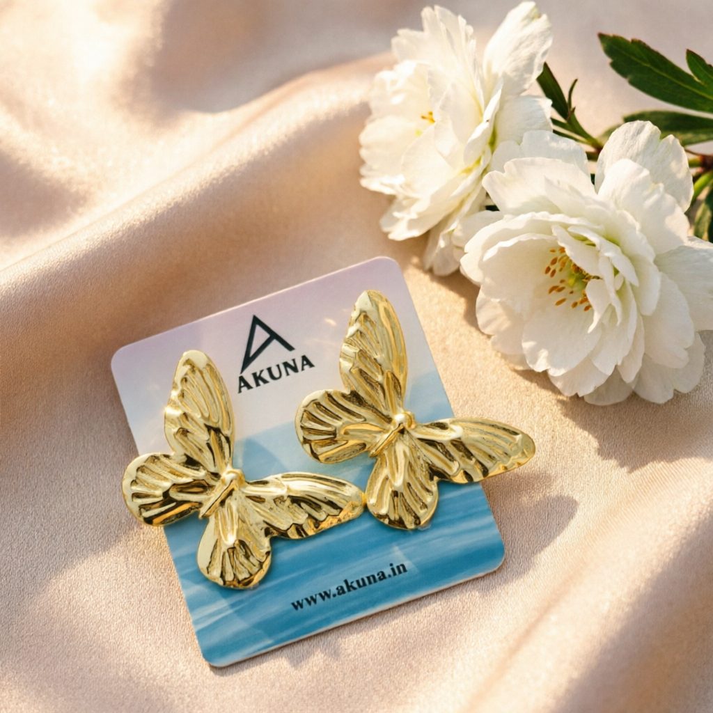 AKUNA Gold Plated Butterfly Earrings for Women | Lightweight Statement Studs | Trendy Party Wear & Daily Wear Jewellery