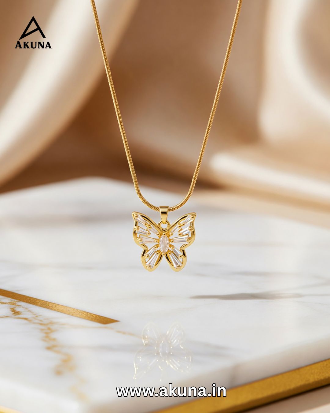 AKUNA Premium Anti-Tarnish Butterfly Pendant Necklace for Women | Gold-Plated CZ Stone Designer Chain | Elegant Daily Wear, Office Wear & Party Wear Fashion Jewellery