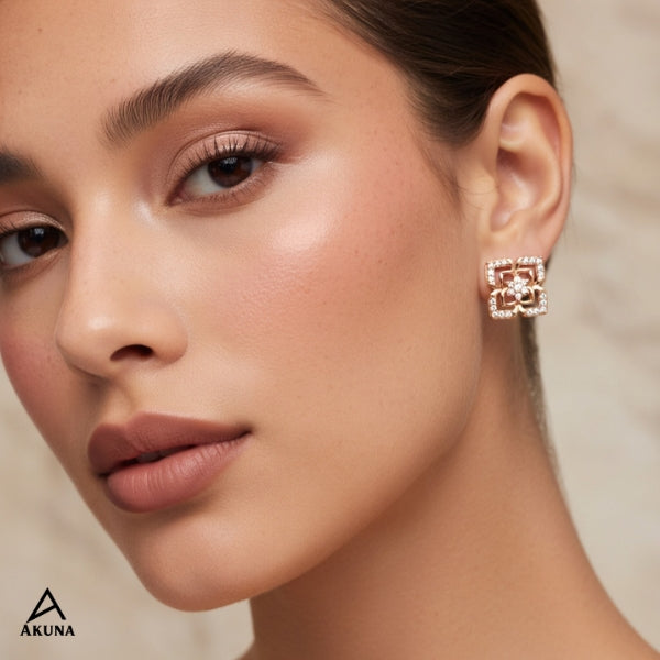 Akuna 18KT Rose Gold Plated Zirconia Square Stud Earrings for Women | Premium Anti Tarnish Stainless Steel Designer Party Wear Fashion Jewellery