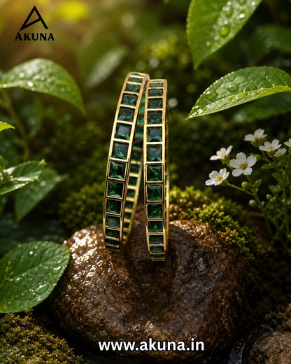 Akuna Gold-Plated Emerald Green Square Stone Bangles – Premium Designer Kada Set for Women | Festive, Wedding & Party Wear