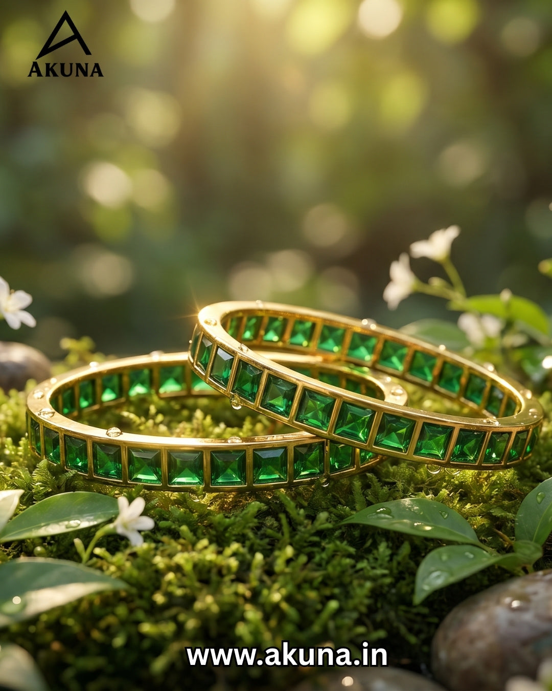 Akuna Gold-Plated Emerald Green Square Stone Bangles – Premium Designer Kada Set for Women | Festive, Wedding & Party Wear