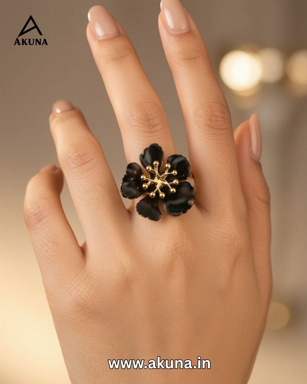 Akuna Imported Floral Adjustable Finger Ring for Women | Premium Black & White Flower Statement Ring | Designer Gold Plated Fashion Jewellery