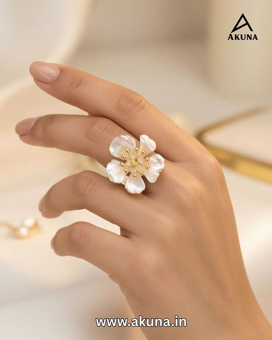 Akuna Imported Floral Adjustable Finger Ring for Women | Premium Black & White Flower Statement Ring | Designer Gold Plated Fashion Jewellery
