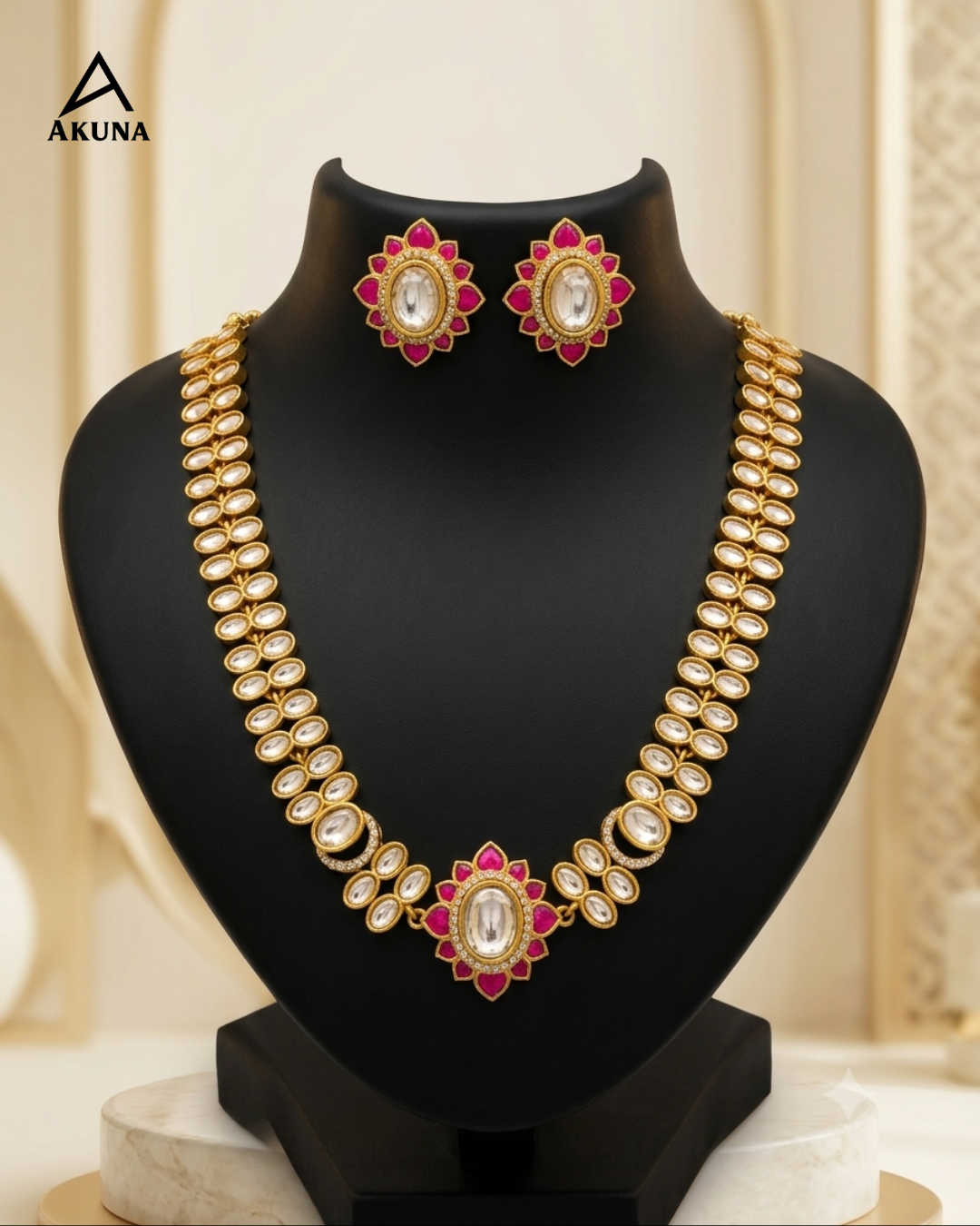 Royal Heritage 22K Gold-Plated Choker Necklace and Matching Earring Set with Ruby Pink Centerpiece