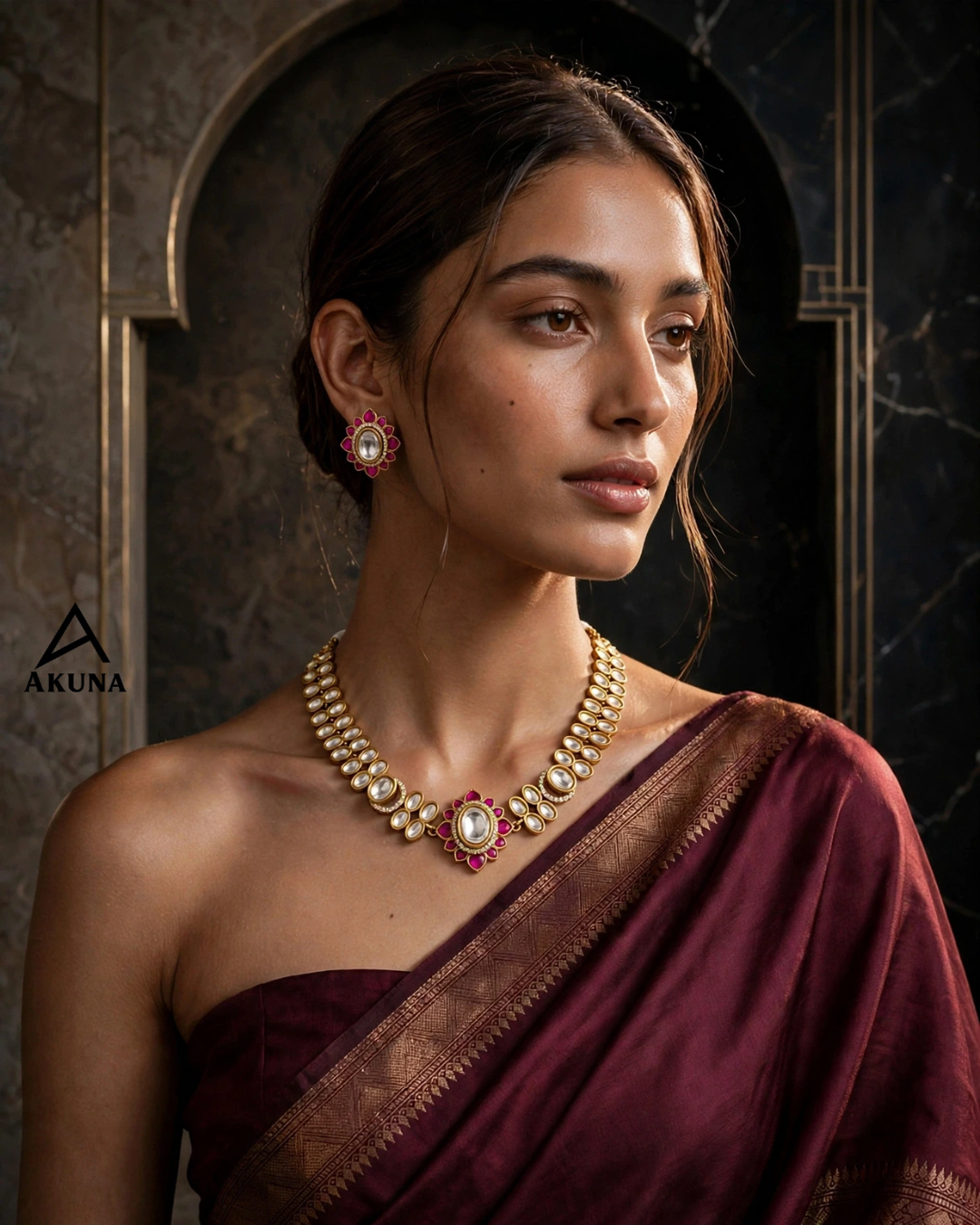 Royal Heritage 22K Gold-Plated Choker Necklace and Matching Earring Set with Ruby Pink Centerpiece