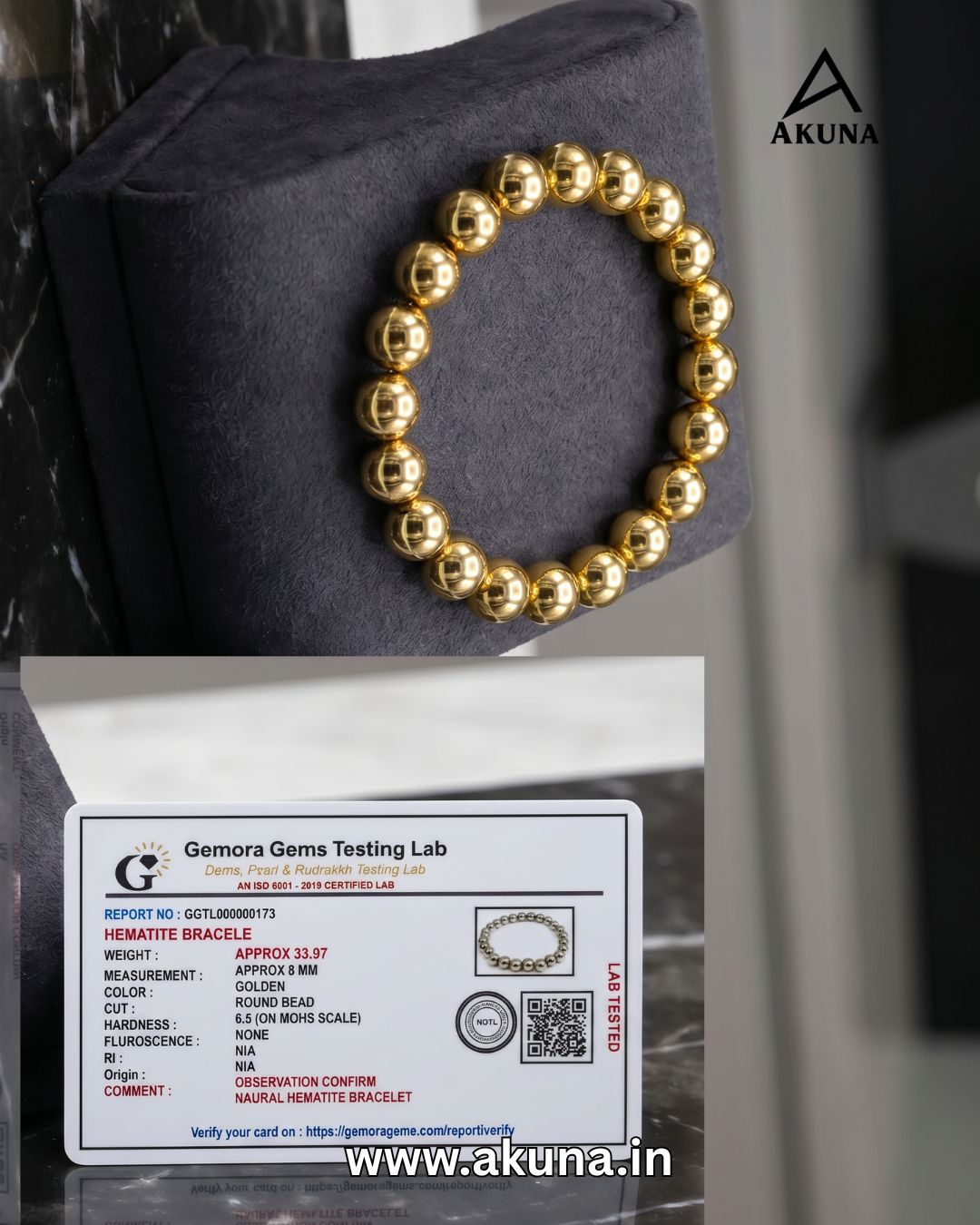 Akuna Certified Gold-Plated Hematite Bracelet | Premium Natural Stone Bracelet for Emotional Stability, Confidence & Positive Energy