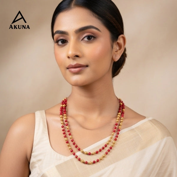Akuna 2 Line Gold Plated Howla Mala Necklace with Gold Balls