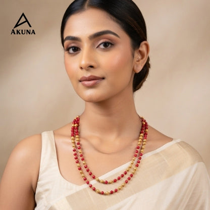 Akuna 2 Line Gold Plated Howla Mala Necklace with Gold Balls