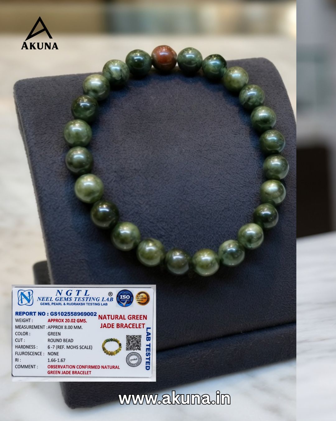 Akuna Certified Natural Jade Bracelet | Premium Green Jade Stone Bracelet for Prosperity, Harmony & Good Fortune