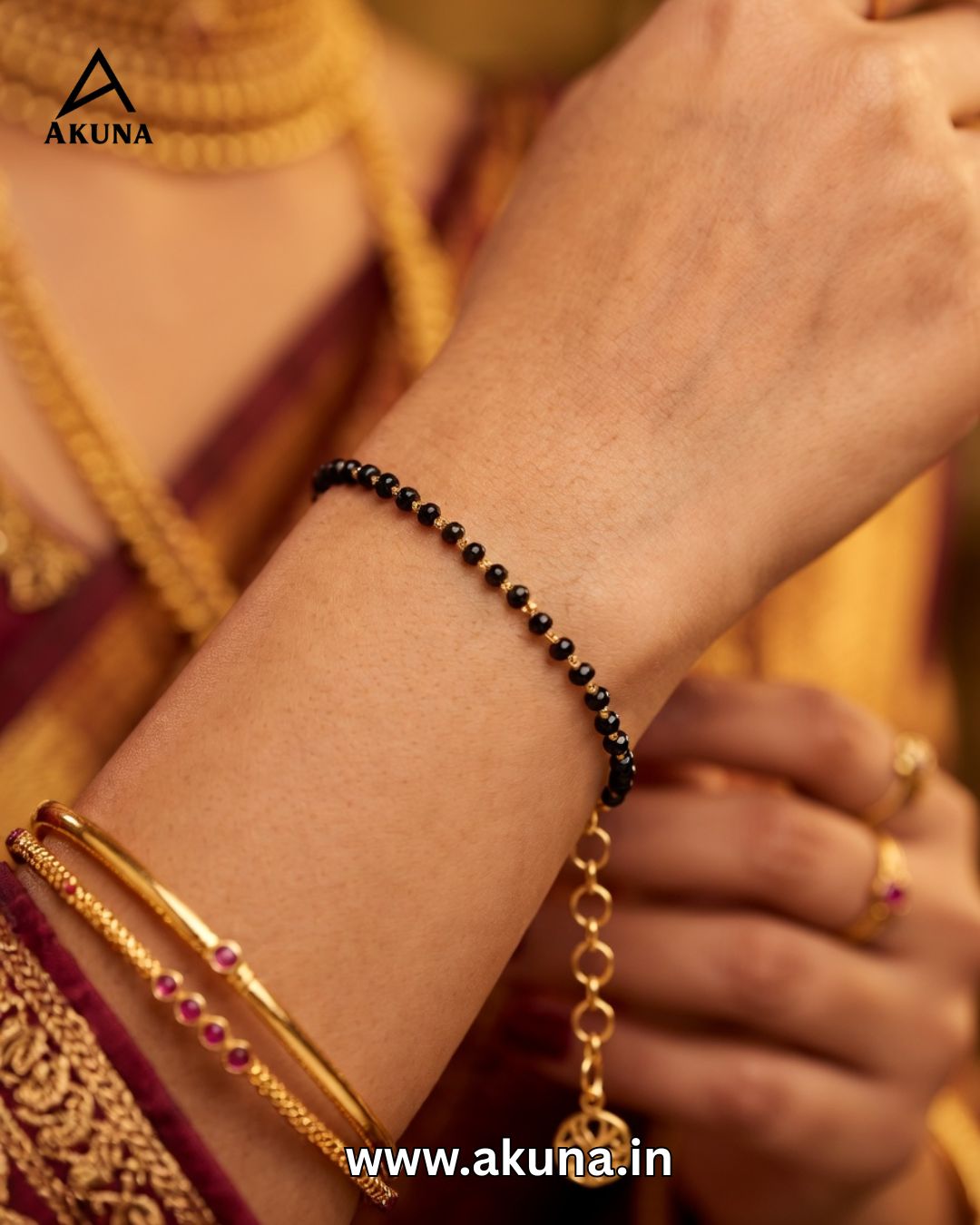 AKUNA Premium Karimani Bracelet for Women – Traditional Black Bead Bracelet | Adjustable Mangalsutra Style Bracelet | Anti-Tarnish Fashion Jewellery | Daily Wear & Ethnic Wear