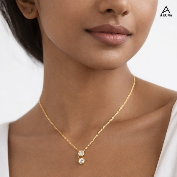 AKUNA Double Stone Pendant Necklace – Gold Plated Stainless Steel Demi-Fine Jewellery for Women