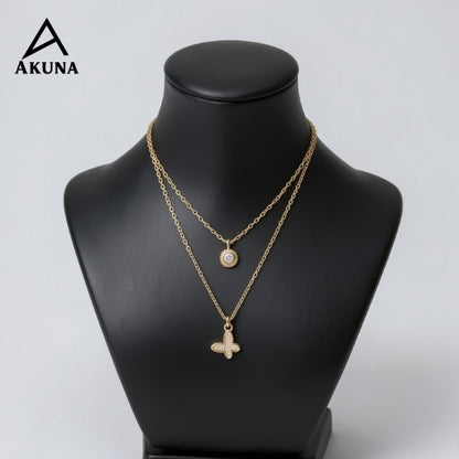 Akuna Dual-Layer Necklace in Gold-Plated Stainless Steel | Diamond Accent Pendant + Studded Butterfly Charms