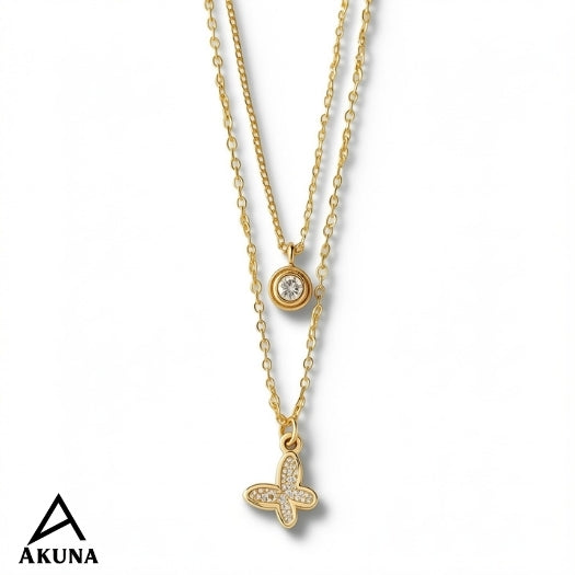 Akuna Dual-Layer Necklace in Gold-Plated Stainless Steel | Diamond Accent Pendant + Studded Butterfly Charms