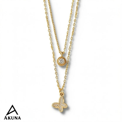 Akuna Dual-Layer Necklace in Gold-Plated Stainless Steel | Diamond Accent Pendant + Studded Butterfly Charms